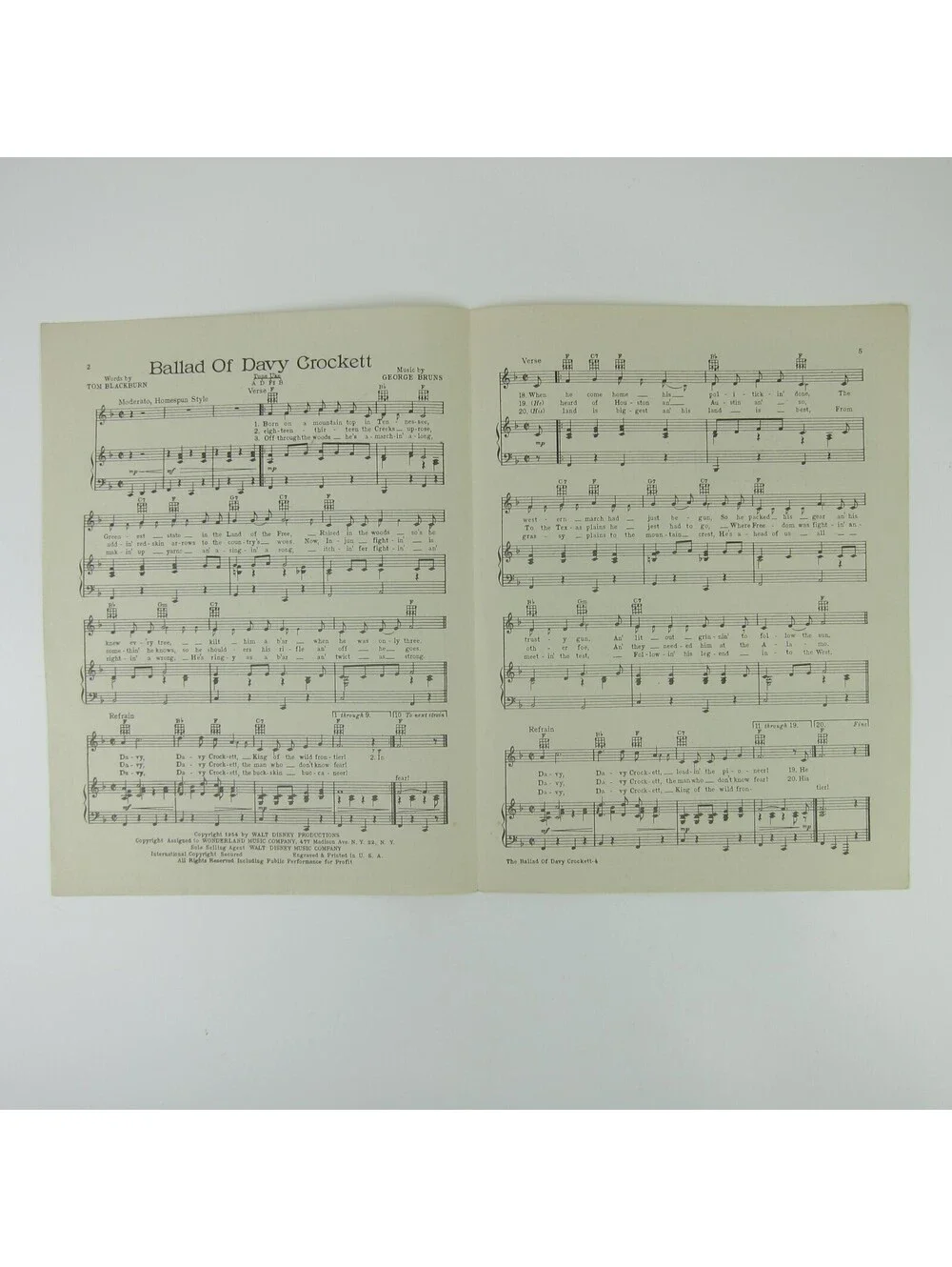 Sheet Music The Ballad of Davy Crockett Tom Blackburn George Bruns Vintage 1954
